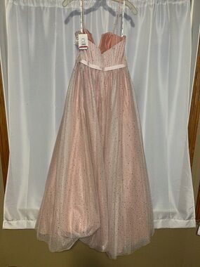 Blush Pink Sparkle Tulle Prom Gown with Satin Waistband